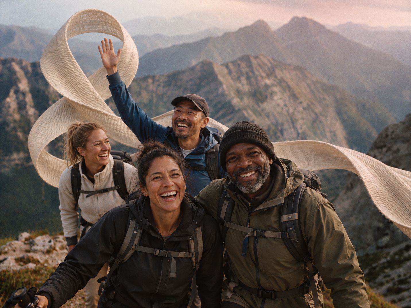 Four smiling hikers celebrate on a mountain summit with a woven awareness ribbon behind them