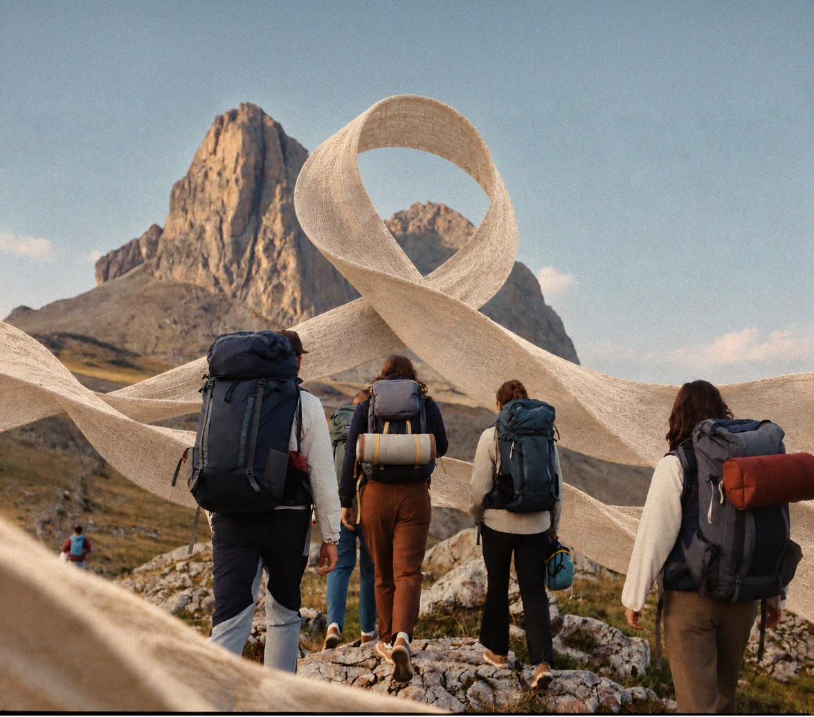 A group of hikers walks toward a mountain peak with a woven awareness ribbon flowing around them